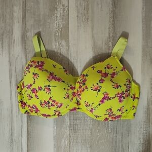 Cacique Yellow Green Bra with Pink Floral Pattern Boost Plunge Size 44DD